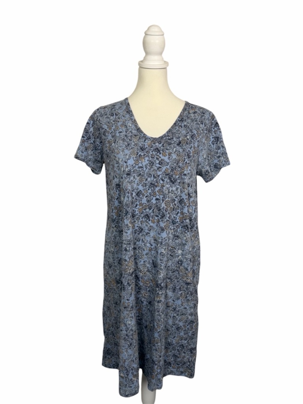 Pure Jill Soft V Neck T Shirt Dress Small Blue Floral Cotton Pockets Casual Midi